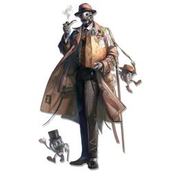  1boy arknights brown_coat brown_hat coat facial_hair full_body hat highres holding holding_smoking_pipe male_focus mustache official_art robot shutun simple_background smoking_pipe solo standing tachi-e third-party_source tin_man_(arknights) transparent_background trench_coat 