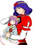  2girls blue_hair blush carrying eyeball hair_ornament hairband heart highres komeiji_satori matu_gyu multiple_girls petting purple_hair short_hair touhou yasaka_kanako 