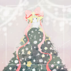  1other bow christmas_ornaments christmas_tree colored_skin commentary full_body grey_background grey_eyes isutai jirachi looking_at_viewer neck_ribbon other_focus pokemon pokemon_(creature) pokemon_focus red_bow ribbon simple_background sitting solo star_(symbol) symbol-only_commentary tanzaku white_skin 
