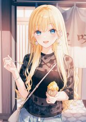  1girl bag black_camisole blonde_hair blue_eyes blue_pants bracelet breasts camisole earrings food handbag highres holding holding_food holding_ice_cream holding_shaved_ice holding_spoon ice_cream jewelry lace_shirt long_hair looking_at_viewer midriff navel original pants see-through_clothes solo spoon tadano_yukiko 