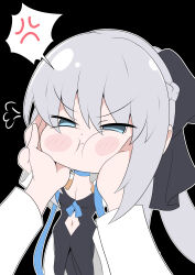  1girl absurdres angry black_bow black_dress black_gloves blue_eyes blush bow braid dress fate/grand_order fate_(series) gloves hair_between_eyes hair_bow half_up_braid highres ice_choco_maker long_hair morgan_le_fay_(fate) morgan_le_fay_(second_ascension)_(fate) ponytail simple_background solo white_hair 