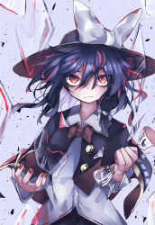  1girl absurdres black_capelet black_hair black_hat black_skirt bow breaking broken_glass buttons capelet closed_mouth collar commentary debris glass hair_between_eyes hair_bow hat highres holding holding_hourglass hourglass long_sleeves muraryo nail_polish red_eyes red_nails shirt short_hair simple_background skirt sleeve_cuffs solo touhou usami_renko white_bow white_collar white_shirt wide_brim 