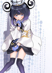  1girl alternate_legwear black_dress black_hair blue_gloves blush bob_cut coat commentary_request dress gloves gradient_hair gwynn_(pokemon) hat highres kneehighs long_sleeves looking_at_viewer multicolored_hair open_clothes open_coat partially_fingerless_gloves pokemon pokemon_legends:_z-a purple_hair purple_socks short_hair socks solo sweatdrop takanashi_ringo violet_eyes white_coat wide_sleeves 