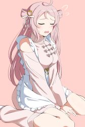  1girl absurdres ahoge apron bare_shoulders breasts clothing_cutout commentary_request dress embarrassed flying_sweatdrops frilled_apron frills hair_ornament hair_ribbon hair_rings heart heart_hair_ornament highres jersey_maid large_breasts leg_warmers long_hair love_live! love_live!_nijigasaki_high_school_idol_club maid official_alternate_costume open_mouth parted_bangs pink_background pink_dress pink_hair pink_leg_warmers ribbon short_dress shoulder_cutout simple_background sitting solo tassel tassel_hair_ornament two_side_up uchuu_no_mozuku unconventional_maid underbust very_long_hair waist_apron wariza white_apron white_ribbon zhong_lanzhu 