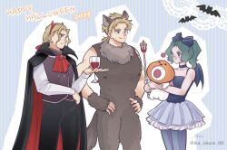  1girl 2boys animal_ears animal_hug ascot bare_shoulders bat_(animal) black_cape black_pants black_vest blonde_hair blue_bow blue_choker blue_dress blue_eyes blue_pants bow brooch brothers brown_fur cape choker closed_mouth cosplay cup dated demon_costume demon_horns dress drinking_glass edgar_roni_figaro facial_hair fake_animal_ears fake_horns fake_tail fake_wings final_fantasy final_fantasy_vi green_hair hair_bow hair_ribbon hands_on_own_hips happy_halloween high_collar high_ponytail holding holding_cup holding_polearm holding_weapon horns ika_okura_66 jack-o'-lantern jewelry long_hair long_sleeves looking_at_another low_ponytail mog moogle multiple_boys pants polearm ponytail red_ascot red_ribbon ribbon sabin_rene_figaro shirt siblings smile strapless stubble tail terra_branford trident twitter_username vampire_costume vest violet_eyes weapon werewolf_costume white_shirt wine_glass wings 