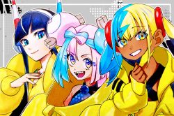  3girls absurdres aqua_hair bandeau black_hair black_mask blonde_hair blue_eyes blue_hair blunt_bangs blush bow-shaped_hair breasts canari_(pokemon) center-flap_bangs character_hair_ornament closed_mouth coat criss-cross_halter criss-cross_straps dark-skinned_female dark_skin elesa_(pokemon) fake_hair_bun fur_coat hair_ornament halter_shirt halterneck headphones hexagon_print highres iono_(pokemon) jacket long_hair long_sleeves looking_at_viewer mask mask_pull mouth_mask multicolored_hair multiple_girls open_mouth pink_hair pokemon pokemon_bw2 pokemon_sv saku06480514 sharp_teeth short_twintails smile split-color_hair sports_bra teeth twintails two-tone_hair two-tone_mask upper_body yellow_bandeau yellow_coat yellow_jacket yellow_mask yellow_sports_bra 