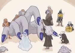  2girls 5boys animal_head armor beard bird_boy black_boots black_capelet black_dress black_gloves black_hat black_jacket black_mask black_pants black_scarf blonde_hair boots bottle brown_background brown_boots brown_gloves cape capelet covered_face dark-skinned_female dark-skinned_male dark_skin doll_joints dress duchess_(elden_ring) elden_ring elden_ring_nightreign executor_(elden_ring) facial_hair fingercreeper_(elden_ring) flower_wreath giant_hand gloves gold_armor green_cape green_hood green_jacket guardian_(elden_ring) hair_bun hands_up hat head_wreath helmet highres holding holding_bottle hood hood_up ironeye_(elden_ring) jacket jewelry joints long_hair long_sleeves multiple_boys multiple_girls nail_ornament nail_polish pants plume polishing raider_(elden_ring) recluse_(elden_ring) revenant_(elden_ring) ring scarf short_hair sitting sugulu topless_male veil white_hair white_pants wide_sleeves winged_helmet wings witch_hat wylder_(elden_ring) 