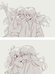  2girls absurdres arm_up baimaoyiguoqi chinese_commentary closed_eyes commentary_request greyscale highres hoshino_ichika_(project_sekai) jacket kiss kissing_cheek long_hair monochrome multiple_girls open_mouth project_sekai scarf smile tenma_saki twintails yuri 