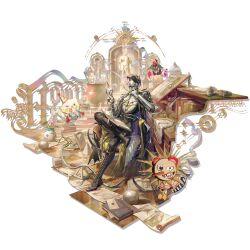  1boy absurdres arknights black_hat black_suit boots brown_boots facial_hair figure_four_sitting flask formal_clothes full_body hat highres holding holding_flask horns horns_through_headwear lace-up_boots male_focus mustache official_art robot round-bottom_flask scroll shutun simple_background sitting solo suit third-party_source tin_man_(arknights) tin_man_(phase_face)_(arknights) transparent_background 