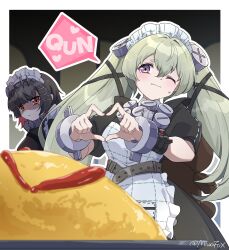  2girls apron black_dress black_hair black_ribbon blunt_bangs blush border closed_mouth colored_inner_hair commentary corin_wickes double-parted_bangs dress ellen_joe food four-finger_heart_hands frilled_apron frills frown green_hair hair_between_eyes hair_intakes hair_ornament hair_ribbon heart heart_hands highres long_hair looking_at_food maid maid_headdress minowa_sukyaru moe_moe_kyun! mole mole_under_eye multicolored_hair multiple_girls omelet omurice one_eye_closed outline outside_border puffy_short_sleeves puffy_sleeves red_eyes red_hair ribbon screw_hair_ornament shaded_face short_hair short_sleeves speech_bubble symbol-only_commentary tareme thick_eyebrows twintails twitter_username very_long_hair violet_eyes wavy_mouth white_apron white_border white_outline x_hair_ornament zenless_zone_zero 