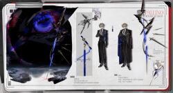  1boy absurdres black_coat black_necktie black_pants blonde_hair character_name coat coat_on_shoulders collared_shirt concept_art english_text formal_clothes full_body gloves hair_between_eyes highres liulianjingrua long_sleeves male_focus multiple_views necktie original pants reference_sheet shirt shoes short_hair standing suit sword weapon white_shirt 