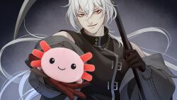  1boy a_date_with_death aegyo_sal axolotl black_gloves black_jacket black_shirt casper_(a_date_with_death) gloves hair_over_shoulder high_collar highres holding holding_scythe incoming_gift jacket jacket_partially_removed jellyfish_cut looking_at_viewer male_focus official_art over_shoulder promotional_art red_eyes scythe shirt sleeveless sleeveless_shirt smirk solo stuffed_animal stuffed_toy weapon weapon_over_shoulder white_hair 