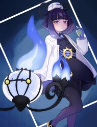  1girl absurdres belt belt_buckle black_dress blue_gloves blush bob_cut buckle chandelure closed_mouth coat dress gloves gwynn_(pokemon) hat highres holding inuinukawae leg_up long_sleeves looking_at_viewer o-ring o-ring_belt open_clothes open_coat pantyhose partially_fingerless_gloves pokemon pokemon_(creature) pokemon_legends:_z-a purple_hair short_hair simple_background violet_eyes white_coat 