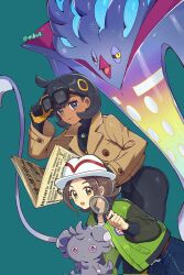  2girls adjusting_eyewear beak belt black-framed_eyewear black_bodysuit black_gloves black_hair black_sclera blush bodysuit bodysuit_under_clothes breasts brown_eyes brown_hair brown_jacket closed_mouth colored_sclera dark-skinned_female dark_skin emma_(pokemon) espurr glasses gloves green_jacket hair_ornament harmony_(pokemon) hat highres holding holding_magnifying_glass holding_newspaper jacket latex latex_bodysuit long_sleeves looking_at_viewer magnifying_glass malamar mega_malamar mega_pokemon mega_stone multiple_girls nai_gai_hongcha newspaper open_clothes open_jacket open_mouth orange_gloves pants pokemon pokemon_(creature) pokemon_legends:_z-a shirt short_hair smile striped_hat tentacles two-tone_gloves violet_eyes white_hat white_shirt yellow_eyes 