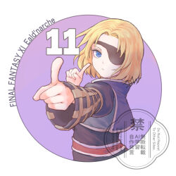  1boy blonde_hair blue_eyes character_name commentary_request copyright_name eald'narche eyepatch final_fantasy final_fantasy_xi frown highres index_finger_raised looking_at_viewer male_focus outside_border round_image saku_ff11 signature solo upper_body watermark 