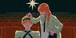 1boy 1girl a_clockwork_orange black_necktie black_pants blonde_hair braid chainsaw_man closed_mouth coat commentary denji_(chainsaw_man) eye_drops highres long_hair ludovico_technique makima_(chainsaw_man) movie_theater necktie orange_eyes pants red_hair shirt short_hair sidelocks straitjacket symbol-only_commentary tuzaixia white_coat white_shirt yellow_eyes 