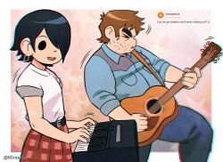  >_< 1boy 1girl brown_hair denim facial_hair feet_out_of_frame forked_eyebrows highres instrument jeans knives_chau medium_sideburns motion_lines music nifast_(greentail) pants piano playing_instrument profile request_inset scott_pilgrim_(series) scott_pilgrim_takes_off short_hair sideburns_stubble sparse_stubble stephen_stills stubble thick_eyebrows 