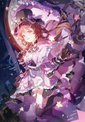  1girl :d absurdres amukeer animal_ears arknights black_gloves boots brown_hair center_frills chinese_commentary commentary_request dress eyjafjalla_(arknights) eyjafjalla_(fluffy_little_witch)_(arknights) frills gloves hat highres holding holding_umbrella horns jacket long_hair looking_at_viewer official_alternate_costume open_mouth pink_eyes pink_jacket sheep_ears sheep_girl sheep_horns sky smile solo star_(symbol) thigh-highs top_hat umbrella white_dress witch_hat 