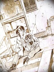  1boy ahoge ankle_boots boots bottle carrying carrying_person catherine_(space_dandy) city commentary_request couple crack cracked_wall dandy_(space_dandy) dutch_angle full_body fur-trimmed_jacket fur_trim hand_in_pocket hatching_(texture) heart ikagawah jacket lace-up_boots lamppost lineart long_sleeves medium_hair monochrome open_clothes open_jacket outdoors pants ribbon sitting sitting_on_stairs snowing space_dandy stairs sweater tesseract traditional_media 