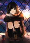  brown_hair chainlink_fence fence highres loafers original product_placement scarf shoes short_hair solo squatting sunset tate_(donnguriumai) 