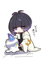  1girl black_dress black_hair blue_fire blunt_bangs blush blush_stickers bob_cut candle coat dress fire gradient_hair gwynn_(pokemon) highres litwick long_sleeves meta-g_(curc8737) multicolored_hair no_headwear open_clothes open_coat open_mouth pantyhose pokemon pokemon_(creature) pokemon_legends:_z-a purple_fire purple_hair short_hair squatting violet_eyes white_coat yellow_eyes 