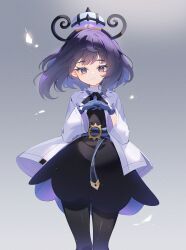  1girl belt belt_buckle black_dress black_eyes black_pantyhose blue_gloves buckle closed_mouth coat coletta_(colet_colettia) dress english_commentary eyelashes gloves gwynn_(pokemon) hat highres interlocked_fingers long_sleeves looking_at_viewer mixed-language_commentary o-ring o-ring_belt open_clothes open_coat own_hands_together pantyhose pokemon pokemon_legends:_z-a purple_hair short_hair solo white_coat 