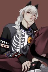  1boy ;p a_date_with_death alternate_costume animal_ear_piercing animal_ears animal_print axolotl black_socks black_sweater braid casper_(a_date_with_death) cat_ears crossed_bangs double-parted_bangs earrings flower flower_pin from_below hair_between_eyes hand_on_own_chin head_tilt highres jewelry knee_up looking_at_viewer male_focus official_art one_eye_closed promotional_art red-eyes_macadamiachoco shoes single_braid skeleton_print sneakers socks solo stud_earrings sunflower sweater tongue tongue_out white_hair 