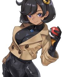  1girl black_hair black_jumpsuit breasts dark-skinned_female dark_skin emma_(pokemon) hair_ornament holding_poke_ball jumpsuit looking_at_viewer poke_ball pokemon pokemon_legends:_z-a short_hair short_jacket violet_eyes 