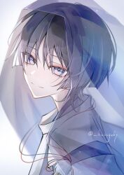  1boy absurdres arm_at_side blunt_ends closed_mouth eyeliner eyeshadow from_side genshin_impact grey_hair grey_veil head_tilt highres japanese_clothes kariginu kimono kurage_67 layered_sleeves looking_at_viewer makeup male_focus pom_pom_(clothes) portrait purple_kimono purple_sleeves red_eyeliner red_eyeshadow scaramouche_(genshin_impact) scaramouche_(kabukimono)_(genshin_impact) see-through_clothes see-through_veil smile solo split_mouth string tsurime twitter_username veil violet_eyes white_background white_sleeves wispy_bangs 