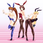  3girls ass black_legwear black_pantyhose blonde_hair blue_eyes brown_hair bunny_ears bunny_girl bunnysuit fate_testarossa female fishnet_pantyhose fishnets high_heels highres jin_nai kneepits legs long_hair low-tied_long_hair lyrical_nanoha mahou_shoujo_lyrical_nanoha_strikers pantyhose purple_eyes red_eyes shoes short_hair takamachi_nanoha thighhighs yagami_hayate 