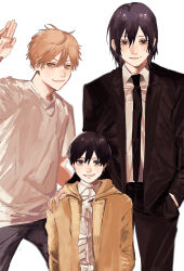  3girls absurdres aged_down black_eyes black_hair black_jacket black_necktie black_pants black_suit chainsaw_man closed_mouth commentary_request denji_(chainsaw_man) formal_clothes hayakawa_aki highres jacket male_focus mitsuru_time multiple_girls necktie pant_suit pants shirt suit suit_jacket time_paradox white_background white_shirt yellow_jacket 