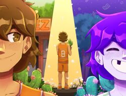  2boys alternate_eye_color bee brown_eyes brown_hair bug cactus closed_eyes closed_mouth collarbone colored_skin double-parted_bangs dual_persona hair_between_eyes highres kel_(faraway)_(omori) kel_(headspace)_(omori) kel_(omori) male_focus missing_tooth multiple_boys omori orange_shoes orange_shorts purple_hair shoes shorts smile socks sweggyq white_skin white_socks 