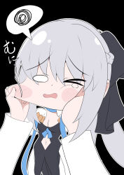  1girl absurdres black_bow black_dress blush bow braid closed_eyes dress fate/grand_order fate_(series) hair_between_eyes hair_bow half_up_braid highres ice_choco_maker long_hair morgan_le_fay_(fate) morgan_le_fay_(second_ascension)_(fate) ponytail simple_background solo white_hair 