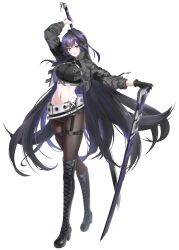  bdsm belt black_hair bondage boots bound chest_harness closers full_body gloves harness highres jacket long_hair midriff open_mouth pointy_ears sheath short_shorts shorts sword thigh-highs triss_(closers) tsurime very_long_hair weapon 