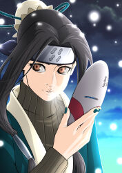  1boy androgynous aqua_nails black_hair brown_eyes commentary_request forehead_protector green_sweater hair_tubes haku_(naruto) headband highres holding holding_mask japanese_clothes kirigakure_symbol long_hair male_focus mask naruto_(classic) naruto_(series) saburo_des snowing solo sweater turtleneck turtleneck_sweater 