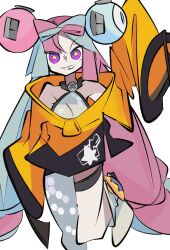  1girl aqua_hair bow-shaped_hair cxdotchison double_bun hair_bun highres iono_(pokemon) jacket long_hair long_sleeves multicolored_hair pink_hair pokemon solo violet_eyes yellow_jacket 