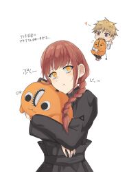  1boy 1girl annabell_(durch9sicht5) black_dress blonde_hair braid braided_ponytail chainsaw_man chibi denji_(chainsaw_man) dress heart highres long_hair makima_(chainsaw_man) pochita_(chainsaw_man) red_hair ringed_eyes short_hair translation_request white_background yellow_eyes 