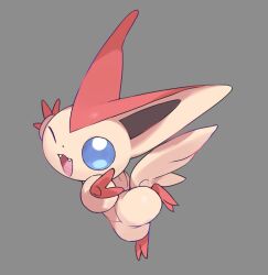  blue_eyes blue_sclera colored_sclera commentary fangs full_body looking_at_viewer no_humans one_eye_closed open_mouth pokemon pokemon_(creature) pokemon_focus shisantian simple_background smile solo symbol-only_commentary victini 