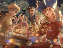  5boys asagiri_gen bandages black_hair blonde_hair brown_eyes brown_hair chrome_(dr._stone) closed_eyes cup dated dr._stone eating food green_eyes green_hair grey_hair grin hair_between_eyes happy_birthday hat headband holding holding_cup holding_food holding_hands ishigami_senkuu japanese_clothes looking_at_viewer male_focus multicolored_hair multiple_boys nanami_ryuusui night night_sky one_eye_closed open_mouth outdoors pirate_hat red_eyes saionji_ukyou short_hair sitting sky smile spiky_hair teeth tree two-tone_hair white_hair yellow_eyes yukoyuko1118 