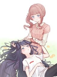  2girls :o animal_ears aran_sweater asymmetrical_sidelocks black_hair black_pants blue_eyes blue_pants blunt_bangs blush breasts brown_hair brown_sweater cable_knit closed_mouth collarbone commentary comradekashoot dog_ears english_commentary flower grabbing_another&#039;s_arm hair_ribbon hair_spread_out highres holding_another&#039;s_hair hoshino_ichika_(project_sekai) kemonomimi_mode lap_pillow long_hair long_sleeves looking_at_another lying medium_breasts mochizuki_honami multiple_girls on_back orange_flower pants parted_lips project_sekai ribbon shirt short_sleeves side_ponytail sidelocks sitting smile sweater swept_bangs t-shirt very_long_hair watch watch white_shirt yuri 