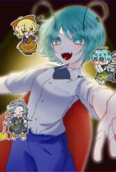  4girls ^_^ antenna_hair antennae blue_shorts butterfly_wings chibi chibi_inset closed_eyes commentary eternity_larva green_eyes green_hair highres himemushi_momoyo holding holding_shovel in-franchise_crossover insect_wings kurodani_yamame looking_at_viewer multiple_girls outstretched_arms ponperina_(dckw8472) shirt shirt_tucked_in short_hair shorts shovel smile touhou trait_connection white_shirt wings wriggle_day wriggle_nightbug 