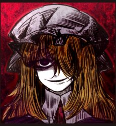  1girl ascot blonde_hair collar covering_one_eye dress evil_smile hat maribel_hearn medium_hair mob_cap open_mouth purple_dress red_ascot red_background smile solo suenari_(peace) touhou violet_eyes white_collar 