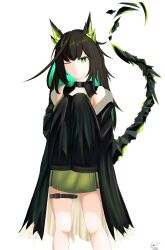 1girl absurdres ahoge arknights artist_name bare_shoulders belt belt_buckle black_belt black_coat black_hair bright_pupils buckle closed_mouth coat colored_inner_hair commentary cowboy_shot das_raven dated english_commentary green_eyes green_hair grey_coat hands_up highres huge_ahoge long_hair mon3tr_(arknights) multicolored_hair off_shoulder one_eye_closed pout signature simple_background sleeves_past_fingers sleeves_past_wrists solo standing tail tail_raised thigh_belt thigh_strap two-sided_coat two-sided_fabric white_background white_pupils 
