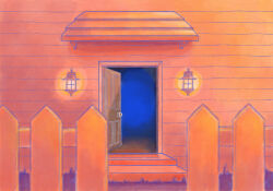  awning door doormat fence highres house no_humans omori open_door outdoors picket_fence stoop_(architecture) sun_iiinu wooden_fence 