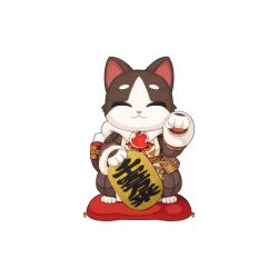  1boy :3 brown_coat cat_boy chibi chibi_only closed_eyes closed_mouth coat coin cushion full_body fur_coat furry furry_male gold jewelry koban_(gold) magatama magatama_necklace male_focus maneki-neko necklace official_art paw_pose ragnarok_online simple_background smile solo spirit_handler_(ragnarok_online) transparent_background yuichirou zabuton 