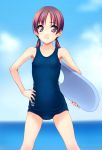  brown_hair hand_on_hip highres hips kickboard long_hair norizou_type-r one-piece_swimsuit original school_swimsuit solo swimsuit twintails 
