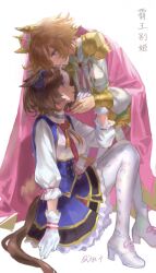 2girls absurdres ahoge animal_ears bag blue_dress blush breasts brown_hair cape closed_mouth commentary_request crown crying double-parted_bangs dress ear_ornament ear_ribbon gloves hair_between_eyes hairband headband highres horse_ears horse_girl horse_tail jewelry jiye_p1 long_sleeves medium_breasts medium_hair meisho_doto_(turbulent_blue)_(umamusume) meisho_doto_(umamusume) mini_crown multicolored_hair multiple_girls multiple_rings open_mouth orange_hair orange_tail pantyhose pink_cape pink_crown pink_hairband pink_headband ring shirt short_hair shoulder_bag skirt t.m._opera_o_(o_sole_suo!)_(umamusume) t.m._opera_o_(umamusume) tail translation_request two-tone_hair two-tone_skirt umamusume violet_eyes white_dress white_gloves white_hair white_pantyhose white_shirt 