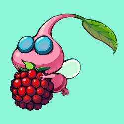 aqua_background blue_eyes colored_skin creature creature_focus food fruit holding holding_food holding_fruit insect_wings itatata_miruku leaf looking_ahead no_humans no_mouth oversized_food oversized_object pikmin_(series) pink_skin raspberry simple_background solid_circle_eyes solo third-party_source transparent_wings winged_pikmin wings 