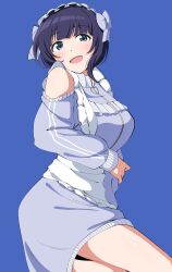  1girl :d absurdres asaka_karin bare_shoulders blue_background blue_dress blue_eyes blunt_bangs breasts clothing_cutout commentary_request cowboy_shot dress frilled_dress frills highres jersey_maid large_breasts long_sleeves looking_at_viewer love_live! love_live!_nijigasaki_high_school_idol_club maid maid_headdress official_alternate_costume open_mouth short_dress shoulder_cutout simple_background smile solo uchuu_no_mozuku unconventional_maid 