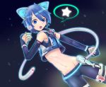  animal_ears bad_id blue_eyes blue_hair cat_ears cat_tail catboy detached_sleeves fang headphones kaito male midriff navel neko_cyber project_diva project_diva_2nd sato_(irahai) solo tail vocaloid 